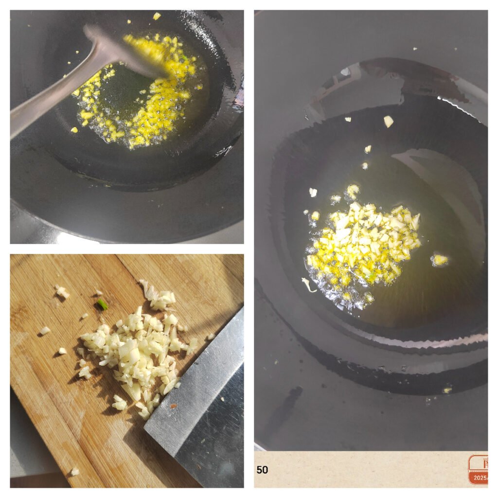 Onion, garlic, and ginger sizzling in a wok, slightly browned with rising steam