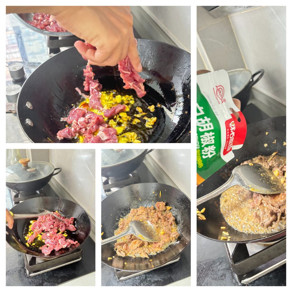 Beef slices turning from red to brown in the wok, with the seasonings coating them