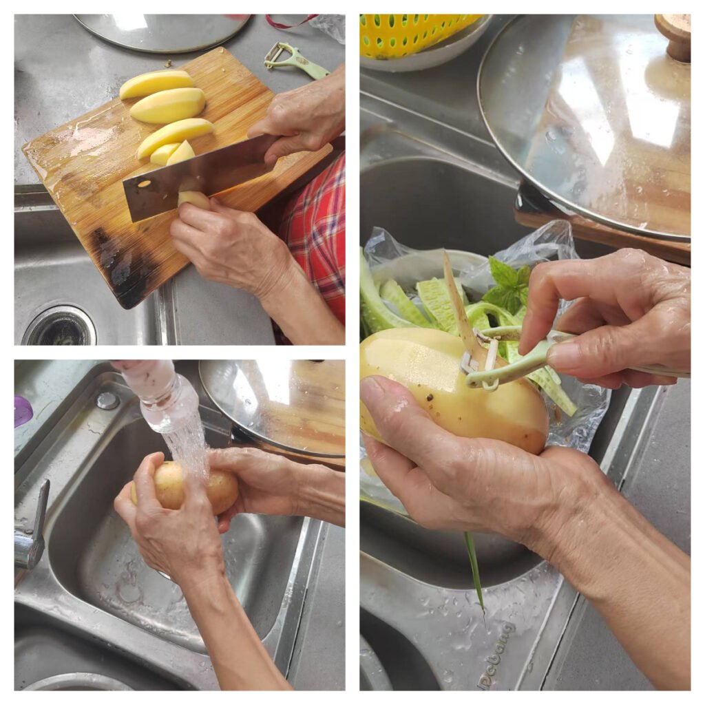 Grandma and granddaughter in the kitchen, preparing the ingredients for Braised Spare Ribs with Potatoes, with a warm family atmosphere