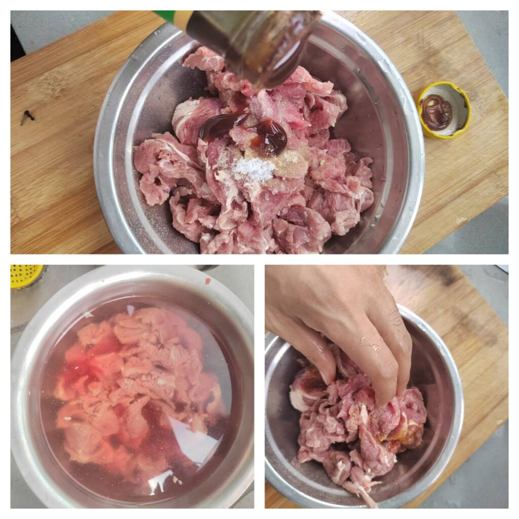 Sliced beef in a bowl with seasonings, being mixed with a pair of chopsticks.