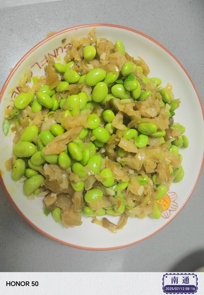 Stir-Fried Edamame with Pickled Cucumber