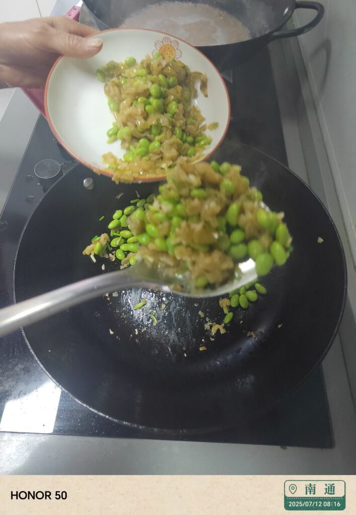 Stir-Fried Edamame with Pickled Cucumber