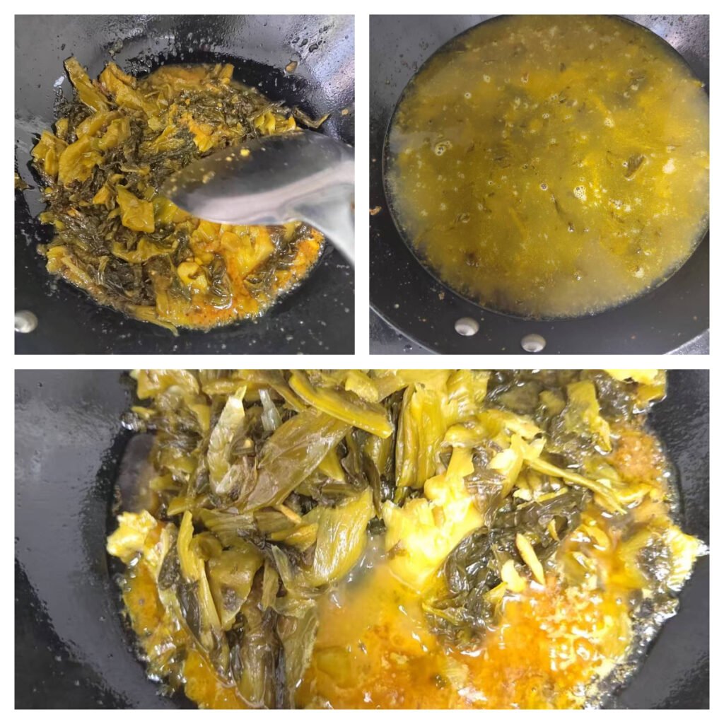 Pickled mustard greens stir-fried with ginger and garlic before adding water