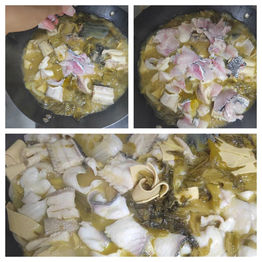 Marinated snakehead fillets turning white in boiling broth